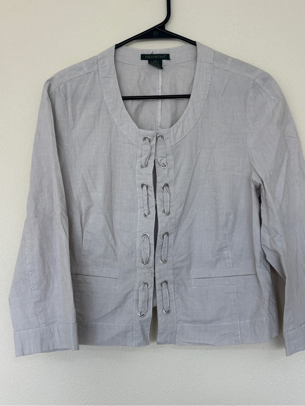For Cynthia Light Gray Eyelet Tie-Front Jacket